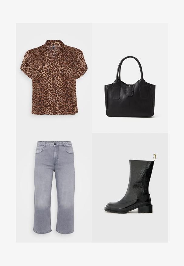 Μπλούζα κοντό μανίκι με λεοπάρ σχέδιο σε καφέ και κανελί, διαθέτει δύο τσέπες στο στήθος, κουμπιά μπροστά και άνετη εφαρμογή.; Γκρίζα τζιν παντελόνια με κομμένη φαρδιά γραμμή, πέντε τσέπες, κουμπί κλεισίματος και διακριτό σχέδιο ξεθωριάσματος κατά μήκος του υφάσματος.; Μαύρο μποτάκι μέχρι τον αστράγαλο φτιαγμένο από γυαλιστερό, υφασμάτινο υλικό. Διαθέτει χοντρό τακούνι και λουράκι στο πίσω μέρος για εύκολη εφαρμογή.; Μαύρη δερμάτινη τσάντα tote με λείο υφή, δομημένο σχήμα, δύο λαβές και επιφανές ασημένιο κούμπωμα μπροστά.
