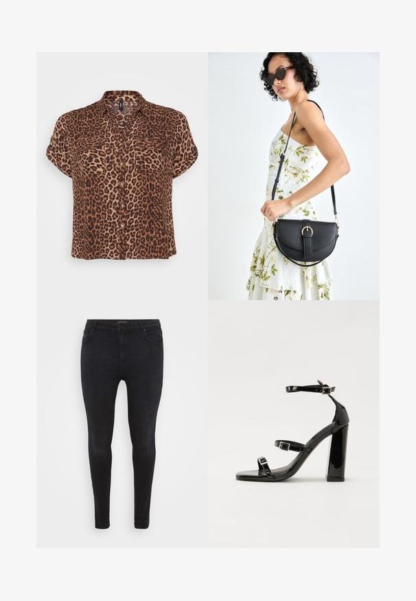 Blusa de manga corta con estampado de leopardo en tonos marrones y beige, con dos bolsillos en el pecho, cierre de botones y un corte relajado.; Jeans negros ajustados de mezclilla, con un diseño clásico de cinco bolsillos y un corte slim. Textura suave con detalles de costura mínimos.; Sandalias de tacón de charol negro con punta cuadrada, correas en el tobillo y hebillas plateadas. Presentan un tacón grueso para mayor estabilidad.; Bolso de piel negra con forma curva, correa desmontable y herrajes dorados. El bolso cuenta con una solapa con un detalle de hebilla.