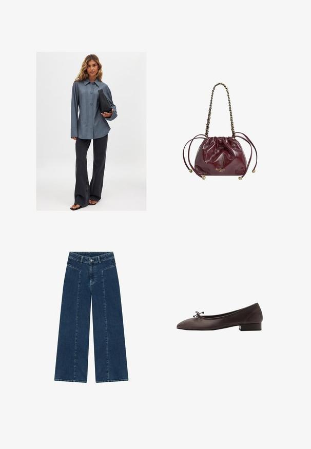 Chemise à rayures bleu, associée à un jean noir évasé et un sac à main noir. Tissu doux et manches larges, coupe décontractée.; Jean en denim à jambe large, de couleur foncée, avec une taille haute, des poches avant et une texture lisse. Les coutures sont légèrement contrastées.; Ballerines en cuir brun avec un bout rond et un petit talon carré. Présentent un fin nœud à l'avant et des détails de couture subtils.; Sac à cordon en cuir bordeaux avec une poignée en chaîne, un dessus froncé, des accents métalliques et un détail de logo à la base. Texture lisse et brillante.