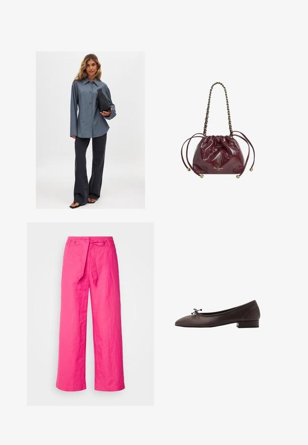 Prúžkovaná košeľa s gombíkmi v modrej farbe, spárovaná s čiernymi rozšírenými džínsami a čiernou kabelkou. Hladká tkanina a široké rukávy, voľný strih.; Ružové široké nohavice z ľanu s viazaním v páse, s textúrovaným povrchom a kovovými akcentmi na páse.; Hnedé kožené baletky s zaoblenou špičkou a malým blokovým podpätkom. Obsahujú tenkú mašľu vpredu a jemné švy.; Bordová kožená taška na šnúrku s retiazkou, s zhromaždeným vrchom, metalickými prvkami a detailom loga na spodnej strane. Hladký, lesklý povrch.