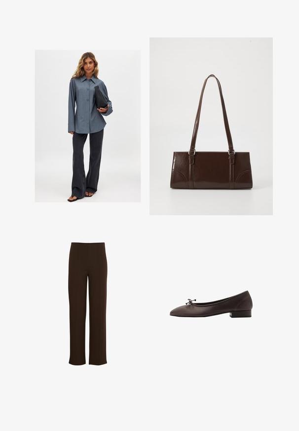 Randig knappupp skjorta i blått, kombinerad med svarta utsvängda jeans och en svart handväska. Snyggt tyg och vida ärmar, avslappnad passform.; Bruna vida byxor i ett mjukt, stretchigt material. Har vertikala sömmar och en ren midja för en skräddarsydd look.; Bruna läderskor i ballerina-stil med rund tå och liten blockklack. Har en tunn rosett framtill och subtila sömnadsdetaljer.; Brun blankläderväska med rektangulär form, två långa handtag och subtila böjda accenter på framsidan.