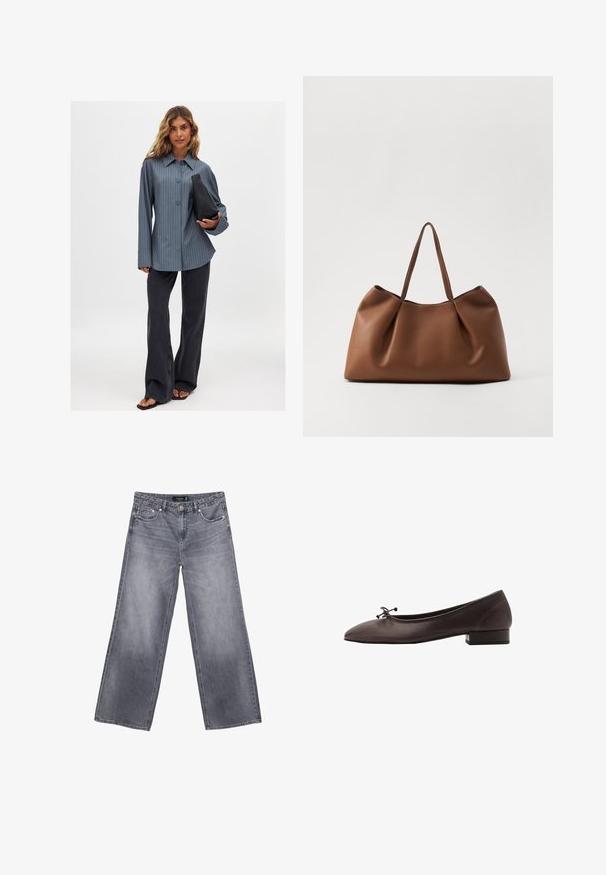Prúžkovaná košeľa s gombíkmi v modrej farbe, spárovaná s čiernymi rozšírenými džínsami a čiernou kabelkou. Hladká tkanina a široké rukávy, voľný strih.; Široké šedé denimové jeansy s vybledlým povrchom, zapínanie na gombík a dizajn s piatimi vreckami. Funkcie dvojitého šitia a hardvér v striebornom tóne.; Hnedé kožené baletky s zaoblenou špičkou a malým blokovým podpätkom. Obsahujú tenkú mašľu vpredu a jemné švy.; Hnedá kožená taška na rameno so soft a zakriveným dizajnom, s plisovanou textúrou a dvoma pevnýmú rukoväťami. Minimalistické prešívanie ako akcent.
