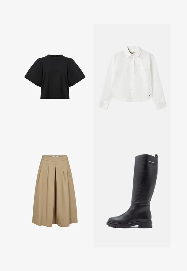 AllSaints JESS TEE - Camicetta - black; Camicia bianca a maniche lunghe e taglio corto in cotone. Presenta una chiusura con bottoni sul davanti, una tasca sul petto e un piccolo logo nero in basso a sinistra.; Gonna plissettata beige con orlo ampio e vita aderente. Realizzata in tessuto leggero, presenta una texture sottile e linee pulite.; Stivale alto in pelle nera con tacco basso a blocco, suola carrarmato e una piccola etichetta rettangolare vicino alla cima che mostra il nome del marchio.