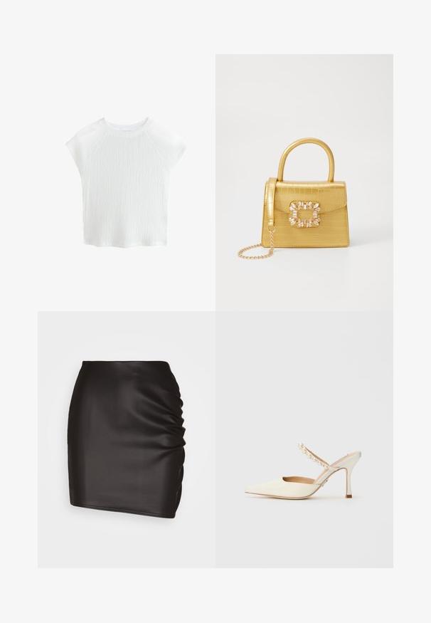 Top bianco a maniche corte, testurizzato, con scollo rotondo e maniche raglan, caratterizzato da un delicato motivo a onde e un materiale leggero.; Mini gonna nera realizzata in materiale sintetico liscio, con dettagli arricciati su un lato e una silhouette aderente.; Steve Madden BRECKI - Ciabattine con tacco - ivory; Borsa finta coccodrillo gialla con design strutturato, manico superiore, tracolla a catena removibile e abbellimenti in cristallo decorativi sulla chiusura.; Orecchini a forma di cuore in tono dorato con una finitura texture, caratterizzati da un'accoppiatura di perle pendenti. Include orecchini a perno a forma di cuore abbinati.