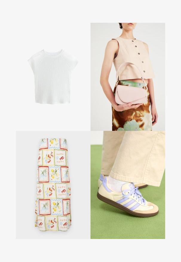 Hvid, tekstureret kortærmet top med rund halsudskæring og raglanærmer, der har et diskret bølgemønster og let materiale.; Maxiskirt i let materiale med et lyst multihardt mønster, der inkluderer frugter og kystscener i pastelfarver og teksturerede detaljer.; Creme og lavendel sneakers med tre striber og en tekstureret brun sål, der har snørebånd og en polstret hæl. Blødt stof øvre.; Lyserød læderhandtaske med en buet klap, enkel skulderrem og rene linjer. Tasken har en glat overflade og et minimalistisk design.; Guldtonet metal halskæde med uregelmæssige teksturerede led og et Y-formet dråbe, fremhævet af en central vedhæng, der ligner lagdelte mønter.