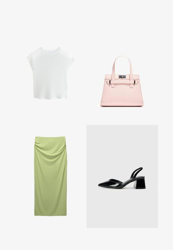 Hvid, tekstureret kortærmet top med rund halsudskæring og raglanærmer, der har et diskret bølgemønster og let materiale.; Høj talje, gulvlængde nederdel i blødt, lys grønt stof. Har samlet detaljer på siden for tekstur og fald.; Sorte patentlæder slingback hæle med spids tå og en geometrisk blok hæl. Har et elegant, minimalistisk design og en glat tekstur.; Rosa struktureret håndtaske lavet af tekstureret læder, med to top håndtag, en låseanordning og kontrasterende metalaccenter.