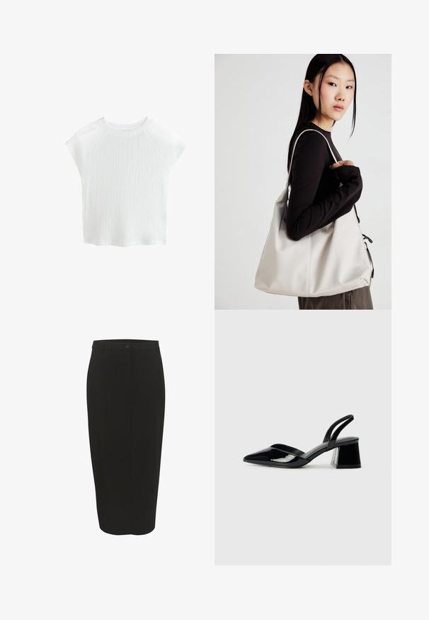 Fehér, textúrált, rövid ujjú felső, kerek nyakkivágással és raglán ujjakkal, finom hullám mintával és könnyű anyagból készült.; Fekete ceruza szoknya sima anyagból, magas derékkal, egy gombos záródással és struktúrált formával, térd alatt érve.; Fekete lakk bőr szandálkés magas sarkú cipő, hegyes orral és geometrikus tömbsarkakkal. Karcsú, minimalista dizájn és sima textúra jellemzi.; Puha anyagból készült bézs kézitáska, laza dizájnnal, varrott részletekkel és két vállpánttal. Mindennapi használatra alkalmas.