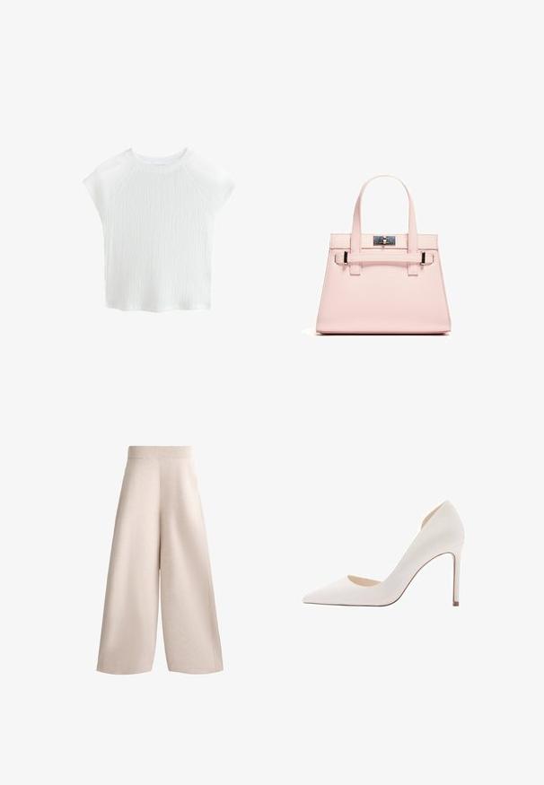 Hvid, tekstureret kortærmet top med rund halsudskæring og raglanærmer, der har et diskret bølgemønster og let materiale.; Beige vidde-bukser med et ribbet elastisk bælte, blød tekstur og plisseringer. Den løse silhuet strækker sig til en længde midt på læggen.; Hvid spids tå højhælet sko med en glat tekstur, en slank silhuet og en tynd stiletto hæl; har en udskåret side.; Rosa struktureret håndtaske lavet af tekstureret læder, med to top håndtag, en låseanordning og kontrasterende metalaccenter.