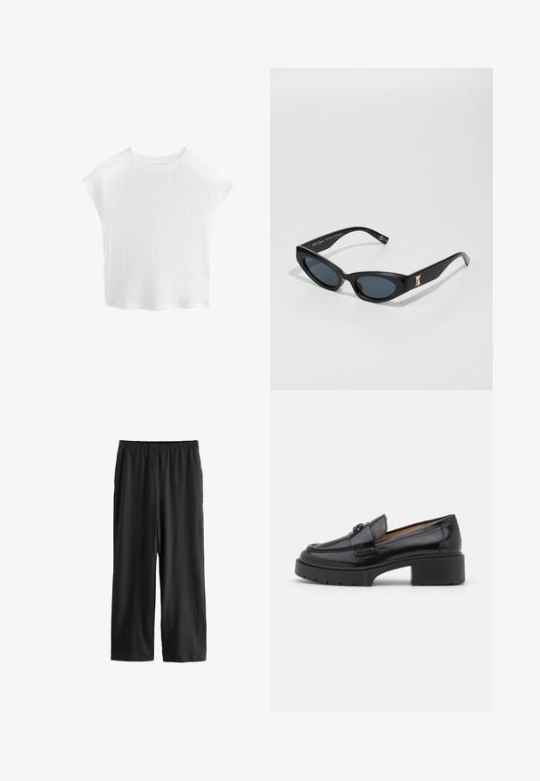 Balta, teksturēta īsām piedurknēm augšdaļa ar apaļu kakla izgriezumu un raglanu piedurkēm, kas izceļas ar smalku viļņu rakstu un vieglu materiālu.; Melnas, līdz ceļiem garas bikses, kas izgatavotas no vieglas auduma. Elastīgs jostasvērums un gluda tekstūra ar taisnu kāju dizainu. Nav redzamu detaļu vai rakstiem.; Melnas ādas loafers ar zemu bloku papēdi, noapaļotu purngali, dekoratīvu joslu un teksturētu šuvju detaļu augšdaļā. Gluds apdare.; Melnas saulesbrilles ar elegantu, stūrveidīgu dizainu. Tām ir tumši lēcas, spīdīga virsma un zelta akcenti uz templīša.; Liels bežs kanvas iepirkumu maisiņš ar brūnu ādas siksnām, kas piedāvā minimālistisku dizainu un redzamās šuves akcentus.