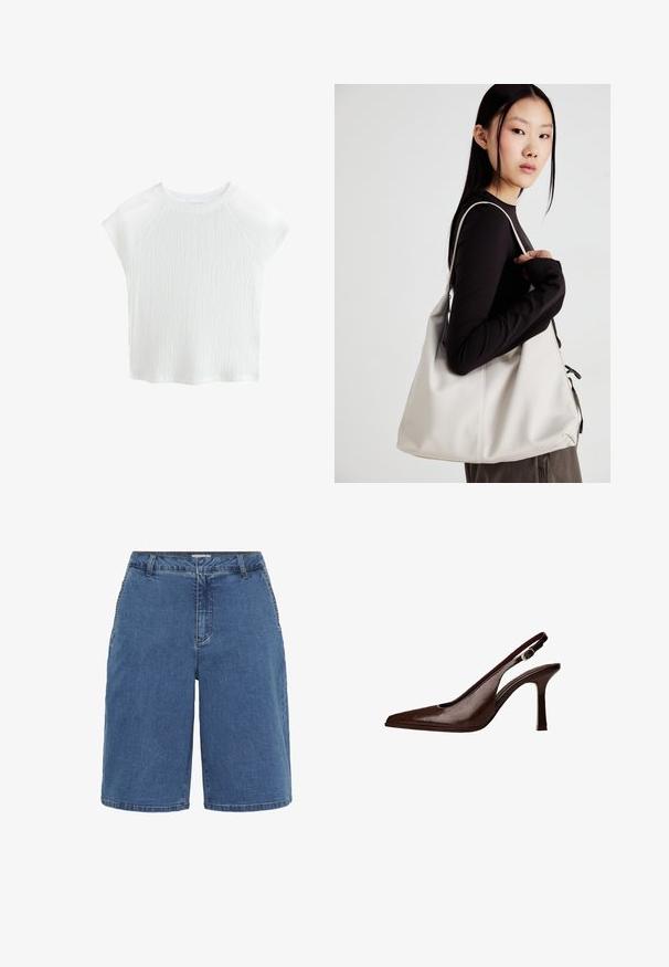 Bela, teksturirana majica s kratkimi rokavi in okroglo ovratnikom, s raglan rokavi, ki ima subtilen valovit vzorec in lahkotno material.; Denim kratke hlače z modrim pranjem, klasičnega kroja, s petimi žepi in kontrastnim šivom na šivih. Srednje visok pas in ravne hlačnice.; Rjava usnjena slingback čevlja s koničastim nosom in tankim petam. Ima majhno dekorativno sponko na traku in sijajno površino.; Bežna torbica iz mehkega materiala, z ohlapno zasnovo, šivi in dvema naramnicama. Primerna za vsakodnevno uporabo.