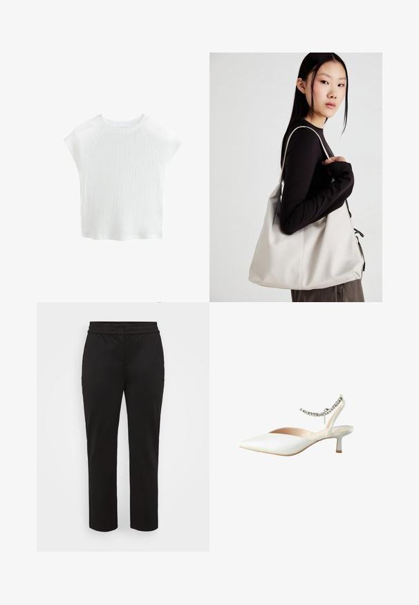 T-shirt blanc texturé à manches courtes avec un col ras du cou et des manches raglan, présentant un motif de vagues subtil et un matériau léger.; Pantalon noir en tissu lisse et extensible. Il présente une taille large et plate ainsi qu'une coupe droite sans poches visibles.; Chaussure slingback blanche avec un bout pointu et un petit talon de type kitten. Dotée d'un accent en chaîne autour de la cheville. Texture lisse et mate.; Sac à main beige en matériau souple, avec un design décontracté, des détails cousus et deux poignées. Idéal pour un usage quotidien.