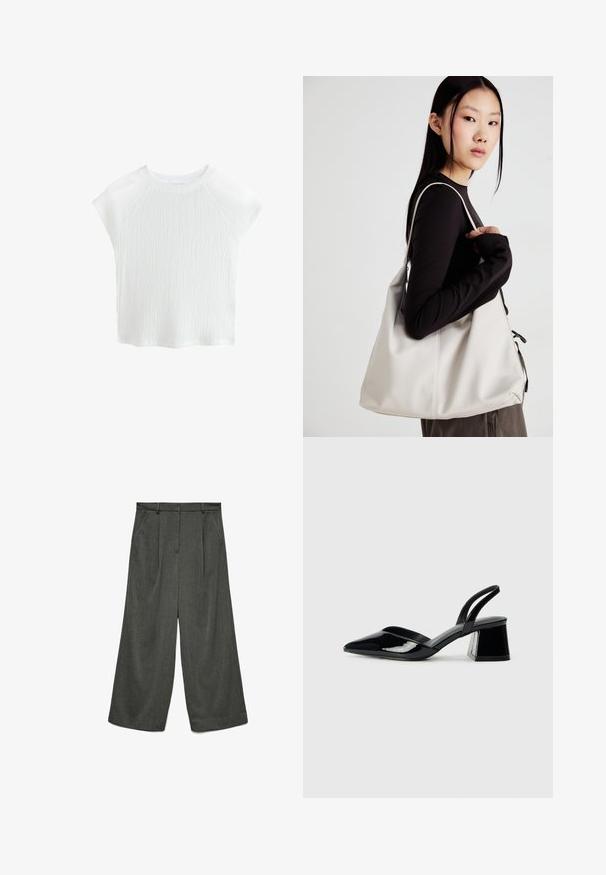 Baltos, tekstūruotos trumpomis rankovėmis palaidinė su apvaliu kaklu ir raglan rankovėmis, su subtiliu bangų raštu ir lengvu audiniu.; Pilkos plačios kojos kelnes, pasižyminčios tekstūruotu audiniu, priekinėmis klostėmis, diržo kilpomis ir tiesiu skerspjūviu. Nėra matomų detalių ar kišenių.; Juodos lakuotos odinės šlepetės su smailiu pirštu ir geometriniu bloko kulnu. Turi elegantišką, minimalistinį dizainą ir lygų paviršių.; Bežinė rankinė, pagaminta iš minkštos medžiagos, turinti laisvą dizainą, siuvinėtas detalės ir dvi petnešos. Tinkama kasdieniam naudojimui.