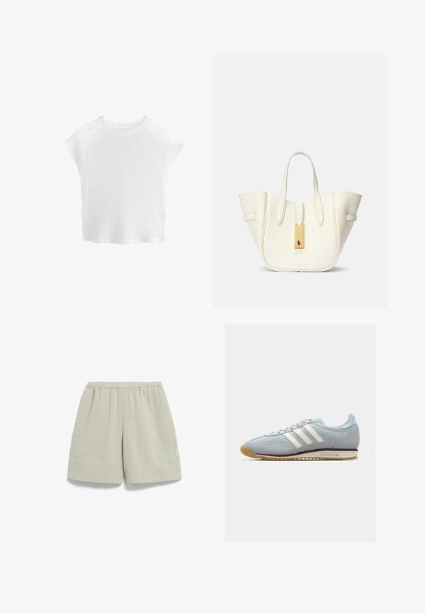 Weißes, strukturiertes Kurzarmoberteil mit Rundhalsausschnitt und Raglanärmeln, das ein dezentes Wellenmuster und leichtes Material aufweist.; Hellgrüne, strukturierte Baumwollshorts mit elastischem Bund, Seitentaschen und einem leicht lockeren Schnitt, ausgestattet mit genähten Saumdetails.; Hellblaue Wildledersneaker mit weißen drei Streifen, Gummisohle und strukturiertem Mesh. Verfügt über eine glatte Zehenkappe und Branding an der Ferse.; Weißer Leder-Umhängetasche mit strukturierter Form, auffälliger Naht, goldfarbener Hardware-Tag und doppelten Griffen. Texturierte Oberfläche mit Seitentaschen.