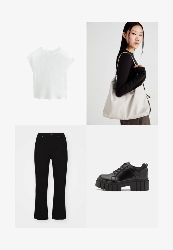 Fehér, textúrált, rövid ujjú felső, kerek nyakkivágással és raglán ujjakkal, finom hullám mintával és könnyű anyagból készült.; Fekete, trapéz szabású farmernadrág, elülső zsebekkel, gombos záródással és diszkrét narancssárga varrási részletekkel. Sim feltétel.; Fekete bőr platform cipők vaskos blokk sarkakkal, kerek orral és hagyományos fűzős kialakítással. Simára csiszolt felület és minimális részletezés jellemzi.; Puha anyagból készült bézs kézitáska, laza dizájnnal, varrott részletekkel és két vállpánttal. Mindennapi használatra alkalmas.