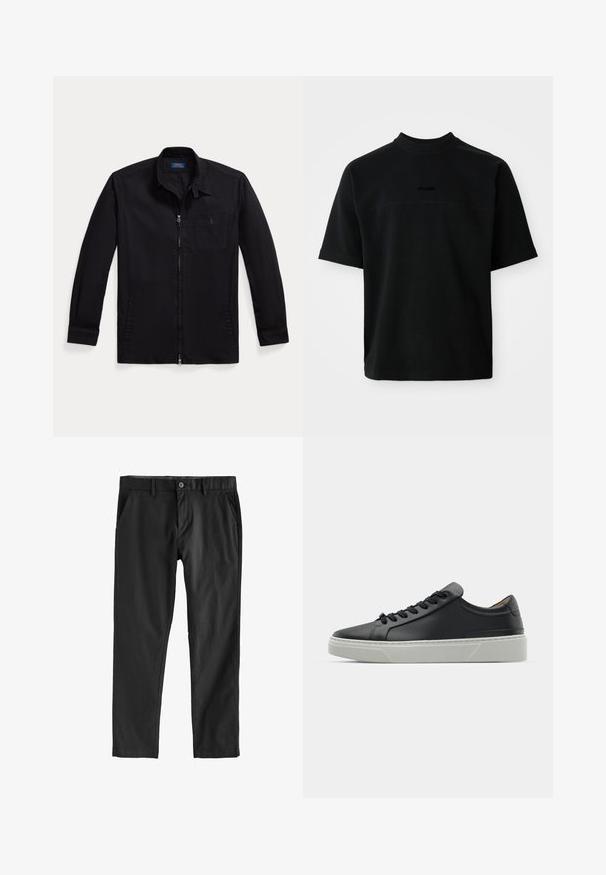 Zwarte jas van lichtgewicht stof, met een ritssluiting aan de voorkant, puntkraag en een borstzak aan de linkerzijde met logo. Lange mouwen met manchet details.; Zwarte korte mouwen T-shirt van katoen met een hoge hals, met een gladde textuur en een subtiel logo in het midden.; Zwarte broek van soepel materiaal, met een knoopsluiting, zijzakken en een rechte pijp. Geen zichtbare patronen of textuur.; Zwarte leren sneaker met een gladde textuur, ronde neus en zwarte veters. Heeft een dikke, witte rubberen zool met subtiele geometrische accenten.