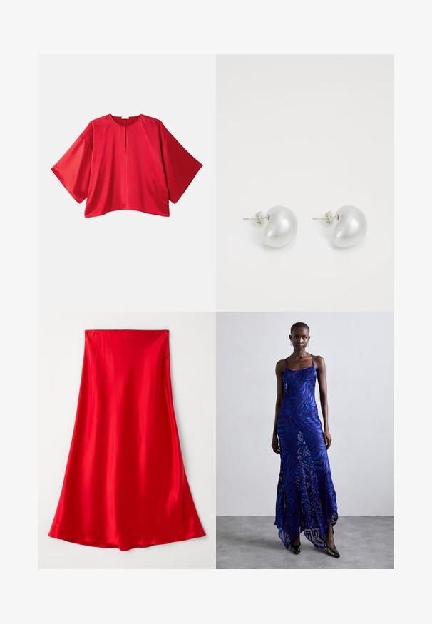 Červený krátky rukáv top vyrobený z hladkej tkaniny. Má široký strih, odhalené rameno a centrálny rozparok. Jednoduchý dizajn v jednoliatej farbe.; Červená saténová sukňa s hladkou textúrou, v plnej dĺžke, so splývavým dizajnom, ktorý sa na spodnom okraji zužuje. Jednoduchá, jednoliatej farby bez ozdôb.; Maxi šaty s potlačou zvieracích vzorov v modrej a fialovej farbe, s tenkými ramienkami, priliehavým telom, rozšíreným lemom a priesvitnými detailmi.; Strieborné perlové náušnice s zakriveným, fazuľovým tvarom. Hladký, lesklý povrch a zabezpečené s kolíkom a zadným uzáverom.