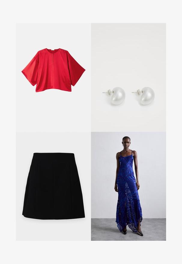 Rode top met korte mouwen van gladde stof. Heeft een brede snit, bootnek en een centrale splitdetails. Eenvoudig ontwerp in een effen kleur.; Zwarte mini-jurk met een gestructureerde silhouette, voorzien van voornaad en zijzakken, gemaakt van een gladde, lichte stof.; Blauwe en paarse dierenprint maxi jurk met dunne bandjes, een getailleerd bovenlijf, uitlopende zoom en een doorschijnende overlaydetail.; Zilveren pareloorbellen met een gebogen, boonvorm. Glad, glanzend oppervlak en bevestigd met een post en achterkantsluiting.
