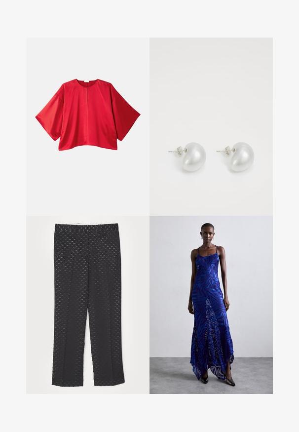 Punane lühikeste varrukatega särk, mis on valmistatud siledast kangast. Omab laia lõiget, paadi kaelaauku ja keskel läbilõike detaili. Lihtne, ühtlane värviskeem.; Mustad püksid, millel on peen kuu poolkuu muster, sirge jalgade lõige, sile kangastekstuuri ja standardne vöökoht.; Sinine ja lilla loomade mustriga maksikleit õhukeste rihmadega, keha lähedane pealisosa, laienev allosa ja poolläbipaistev overlays detail.; Hõbedased pärli kõrvarõngad, millel on kumer oas kuju. Sile, läikiv pind, kinnitatud postiga ja tagumise sulguri abil.