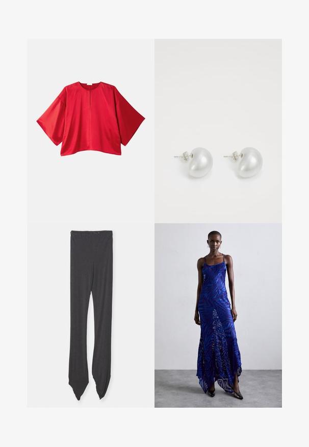 Κόκκινη κοντομάνικη μπλούζα από μαλακό ύφασμα. Διαθέτει φαρδιά γραμμή, μποτνολαιμό και κεντρική σχισμή. Απλός σχεδιασμός σε ενιαίο χρώμα.; Σκούρες γκρι κολάν φτιαγμένα από μαλακό ύφασμα, με φαρδύ λάστιχο στη μέση και κωνικές άκρες. Ο σχεδιασμός είναι λείος χωρίς σχέδια.; Μακρύ φόρεμα με καμηλοπάρδαλη σχέδιο σε μπλε και μωβ αποχρώσεις, λεπτές τιράντες, εφαρμοστό κορσέ, φαρδύ στρίφωμα και διαφάνεια στη λεπτομέρεια.; Ασημένια σκουλαρίκια πέρλες σε καμπύλο σχήμα φασολιού. Λείος, γυαλιστερός επιφάνεια και ασφαλισμένα με κούμπωμα βίδας και πλάτη.