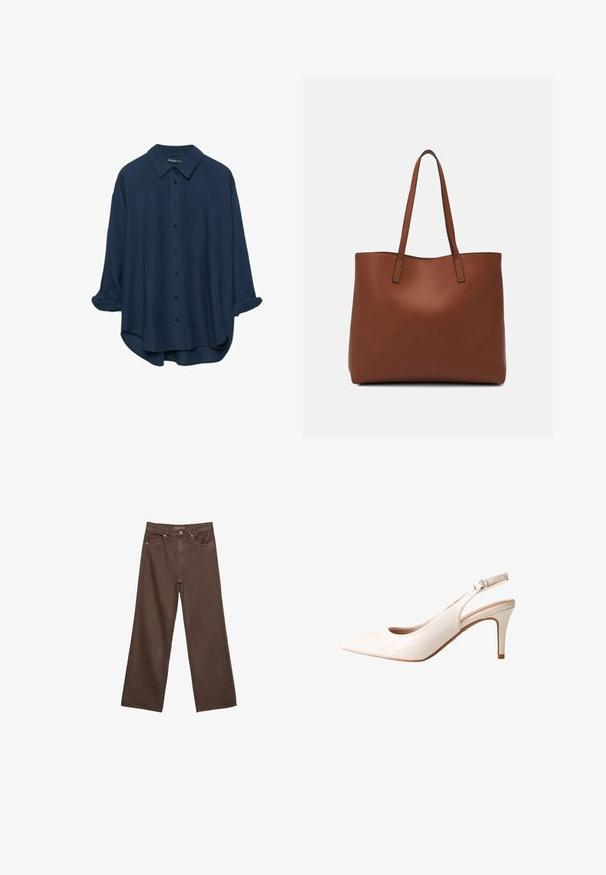 Granatowa koszula z guzikami, classiczny kołnierzyk, długie rękawy podwinięte, miękka tekstura, luźny krój z lekko zaokrąglonym dołem.; Szerokie brązowe dżinsy wykonane z denimu, z wysokim stanem, przednimi kieszeniami i klasycznym zapięciem na guzik. Gładka faktura z subtelnym przeszyciem.; Beżowe lakierowane czółenka na odkrytej pięcie z ostrym noskiem, smukłym obcasem i regulowanym paskiem z boku. Gładka, błyszcząca tekstura.; Brązowa skórzana torba tote o gładkiej fakturze, z otwartym wierzchem i dwoma ramiączkami. Charakteryzuje się minimalnym przeszyciem i brakiem widocznych elementów metalowych.
