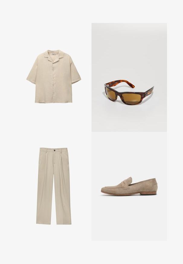 Chemise beige à manches courtes en tissu léger, avec un col cranté et cinq boutons sur le devant, offrant une coupe décontractée.; Pantalon beige à coupe droite, doté d'un seul bouton noir, de passants de ceinture et de poches latérales. Texture de tissu lisse et design minimaliste.; Mocassin en suède beige avec des coutures minimales, un talon plat et une semelle en cuir. Présente un accent de lanière unique près du cou-de-pied. Silhouette plate.; Lunettes de soleil écaille de tortue avec des verres marron. Monture rectangulaire élégante, texture lisse, marquage subtil sur le côté et branches courbées pour le confort.; Sacoche messager en cuir marron avec un rabat texturé, dotée d'une longue sangle réglable et de détails de coutures visibles. Fini lisse et mat.