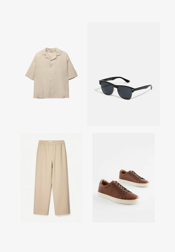 Bežena majica kratkih rukava od lagane tkanine, s izrezanim ovratnikom i pet dugmadi sprijeda, s opuštenim krojem.; Bež hlače širokih nogavica s elastičnim pojasom, izrađene od mekog materijala, s glatkom teksturom i minimalnim šavnim detaljima.; Smeđe kožne tenisice s glatkom teksturom, bijelim gumenim potplatima i odgovarajućim smešnim vezicama. Dizajn s zaobljenim prstom uz minimalne detalje šivanja.; Crne sunčane naočale pravokutnog oblika, tamne leće, srebrni detalji na sljepoočnicama i matirajuća završna obrada okvira.