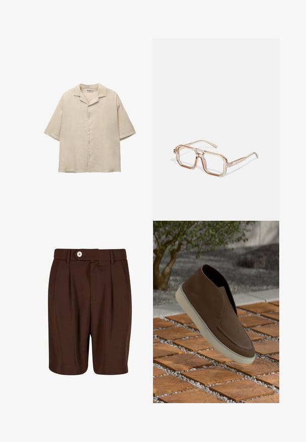 Krátky rukáv béžová košeľa z ľahkého materiálu, s výstrihom do V a piatimi gombíkmi na prednej strane, s voľným strihom.; Hnedé plisé šortky vyrobené z hladkej tkaniny, s gombíkovým zapínaním a bočnými vreckami. Lem je rovný s minimálnymi švovými detailmi.; Hnedá kožená slip-on obuv s hladkým povrchom, zaoblenou špičkou a kontrastnou bielou podrážkou, umiestnená na dlaždicovom a štrkovom pozadí.; Priehľadné šesťuholníkové dioptrické okuliare so svetlohnedými odtieňmi; hrubé, čisté rámy a štíhle nožičky; žiadne viditeľné logá ani vzory.