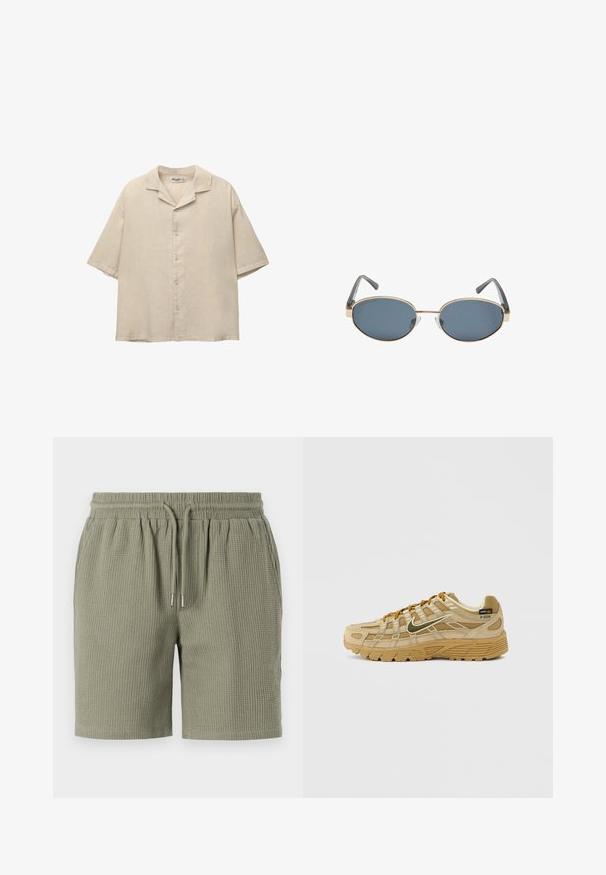 Camicia beige a maniche corte in un tessuto leggero, con colletto a punta e cinque bottoni sul davanti, con una vestibilità comoda.; Shorts a coste waffle, verde oliva, con una vita elasticizzata, lacci per la regolazione e una vestibilità rilassata. Orlo liscio alle gambe.; Scarpa da ginnastica beige con pannelli in suede e mesh testurizzati, lacci marroni a contrasto e una suola in gomma robusta. Presenta un logo prominente.; Occhiali da sole ovali con lenti scure, montatura in metallo dorato e aste grigie. La montatura presenta un design minimalista con un sottile accento sul ponte.