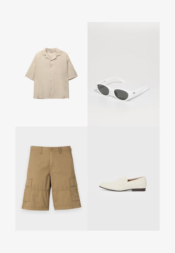 Chemise beige à manches courtes en tissu léger, avec un col cranté et cinq boutons sur le devant, offrant une coupe décontractée.; Shorts cargo en tissu kaki avec une coupe droite, dotés de deux poches latérales et d'une fermeture à bouton à la taille. Texture lisse sur l'ensemble.; Mocassins beige clair avec un bout pointu, en matériau lisse, une sangle sur le devant et une semelle basse marron. Design simple avec des accents minimalistes.; Lunettes de soleil blanches avec des montures arrondies et des verres foncés. Possède une texture en plastique lisse et un petit logo sur la branche.