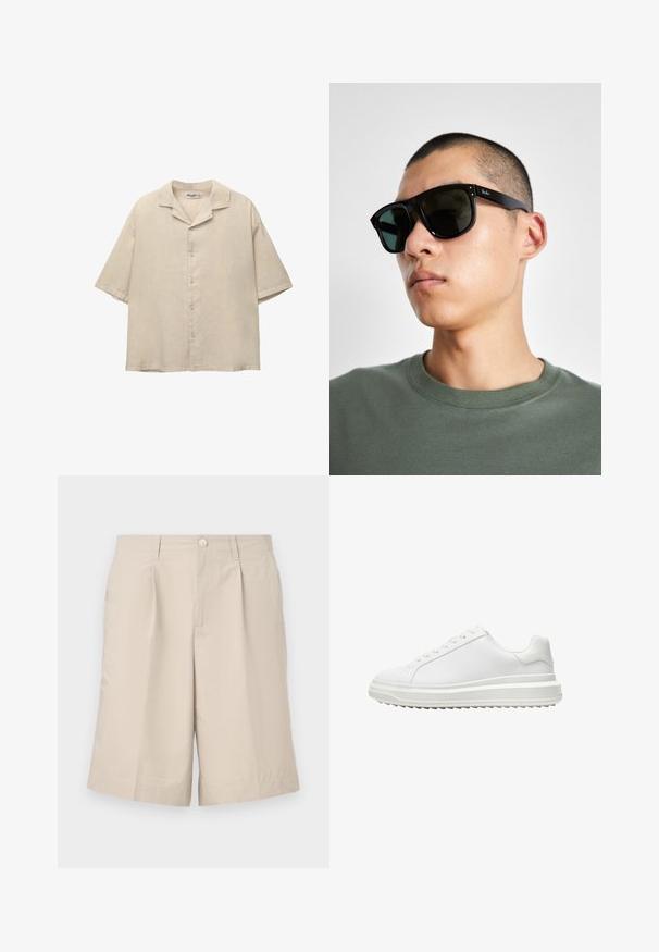 Beige Kurzarmhemd aus leichtem Stoff, mit einem eingearbeiteten Kragen und fünf Knöpfen auf der Vorderseite, in lockerer Passform.; Beige maßgeschneiderte Shorts aus leichtem Material, mit einem Frontknopf, zwei Seitentaschen und einem Bügelfalten-Detail auf der Vorderseite.; Weißer Sneaker mit einem glatten synthetischen Obermaterial, runder Spitze, flachen Schnürsenkeln, strukturiertem Sohlen und einem geschichteten, Plattform-Design für zusätzlichen Halt.; Schwarze rechteckige Sonnenbrille mit dunklen Gläsern, die eine markante Form und eine Markierung am Bügel aufweist. Getragen von einer Person in einem grünen Hemd.