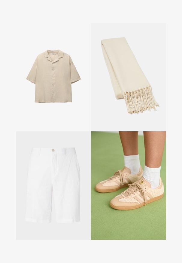 Rövidujjú bézs ing könnyű anyagból, amelyet kivágott gallér és öt gomb díszít az elején, laza szabással.; Fehér len sort, gombos záródással, laza szabással, egyenes vonalakkal, látható minták vagy díszítések nélkül. Sima textúra.; Beige színű, szőtt Adidas sportcipőt viselő lábak, gumitalppal és fehér bokazoknival, zöld, textúrált padlón.; Puha anyagú bézs sál, sima textúrával és rojtos végekkel. A kialakítása egyszerű és téglalap alakú.