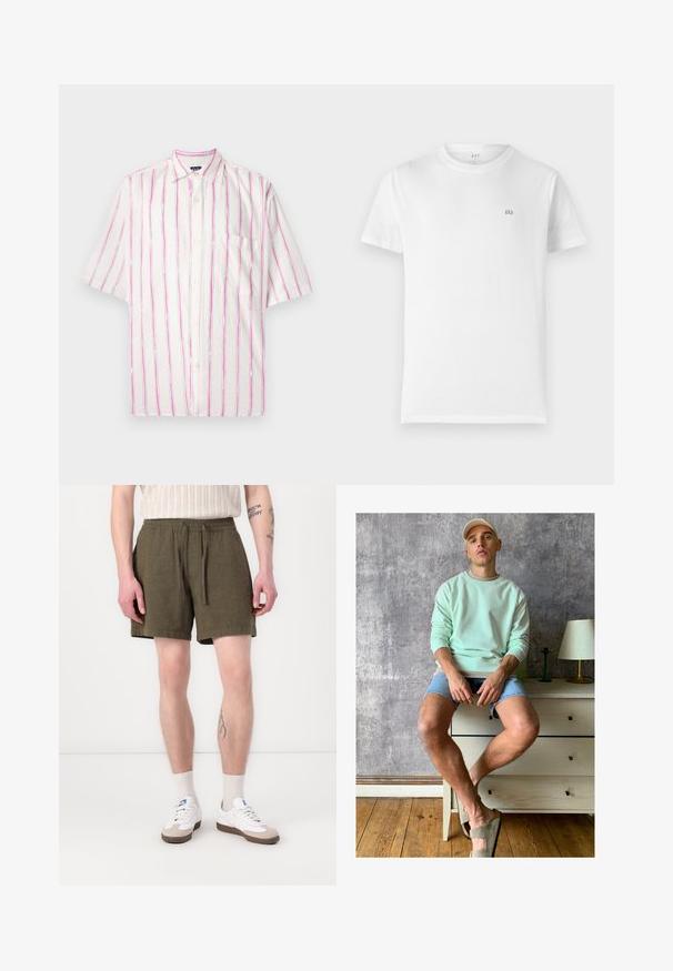 Rövidujjú, gombos ing fehér anyagból, rózsaszín és zöld függőleges csíkokkal. Bal oldalon zsebből is készült.; Fehér pamut póló klasszikus kerek nyakkal, rövid ujjal és egy apró, szürke GAP logóval a bal mellen. Egyszerű, díszítetlen dizájn.; Olajzöld rövidnadrág elasztikus derékpánttal és zsinórral, oldalsó zsebekkel és egyenes szabással, könnyű anyagból készült.; Menta zöld kapucnis pulóver, farmer rövidnadrág és olíva zöld slip-on cipők. Egy világos színű komódon ül, amely egy texturált szürke fal előtt helyezkedik el.