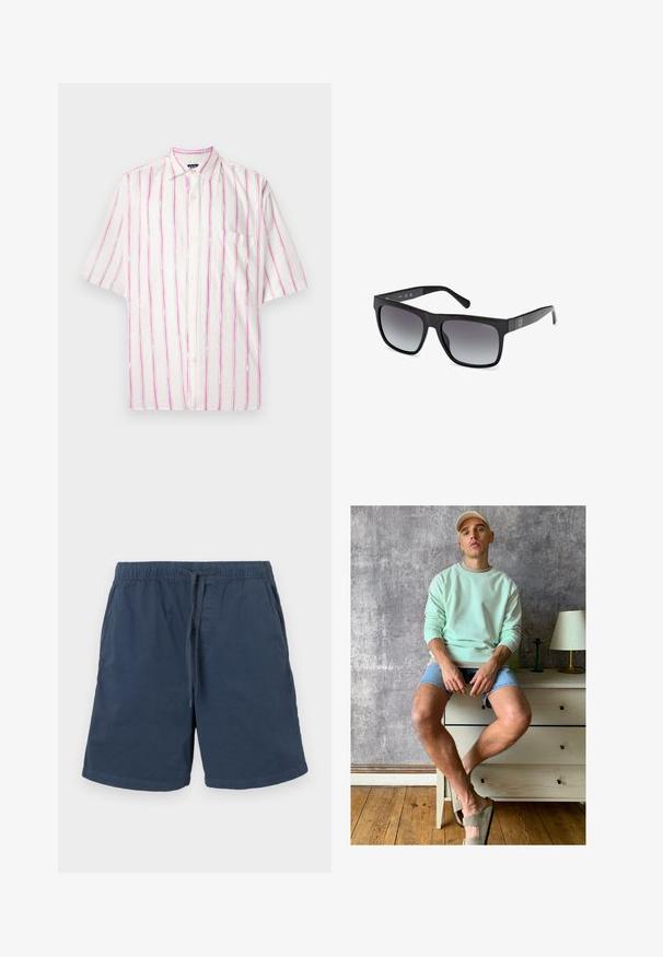 Kurzärmliges Hemd in weißem Stoff mit vertikalen Streifen in Pink und Grün. Mit einer Tasche auf der linken Seite.; Marineblaue Shorts aus Baumwolle mit elastischem Bund und Kordelzug. Mit Seitentaschen und geradem Schnitt.; Mintgrüner Sweatshirt, Jeansshorts und olivgrüne Slipper. Sitzt auf einer hellen Kommode vor einer strukturierten grauen Wand.; Guess Sonnenbrille - glossy black smoke gray