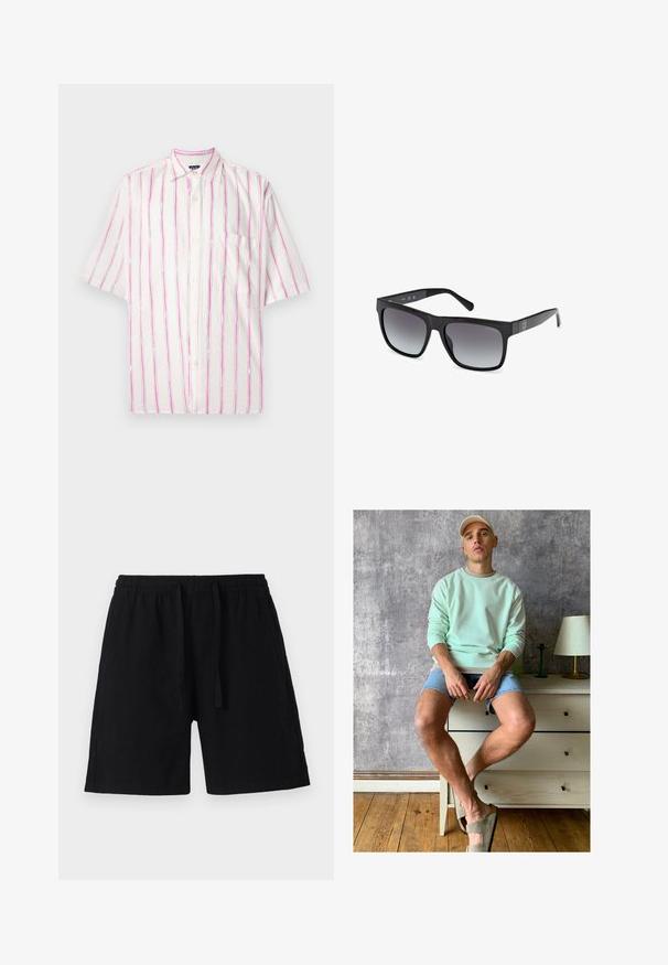 Koszula z krótkim rękawem, zapinana na guziki, w białym kolorze z pionowymi paskami w odcieniach różu i zieleni. Posiada kieszeń po lewej stronie.; Czarne szorty wykonane z lekkiego materiału z elastycznym pasem i sznurkiem. Charakteryzują się luźnym krojem i brakiem widocznych kieszeni.; Miętowy sweter, dżinsowe szorty i oliwkowe buty wsuwane. Siedząc na jasnym komodzie przy teksturowanej szarej ścianie.; Guess - Okulary przeciwsłoneczne