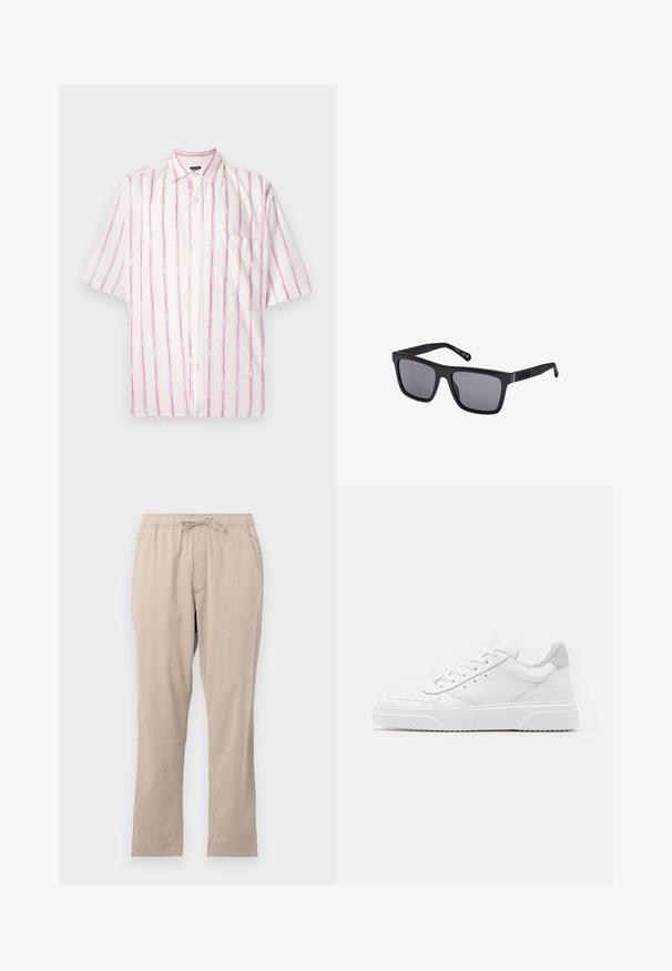 Krátký rukáv košile s knoflíky z bílé látky s vertikálními pruhy v růžové a zelené barvě. Má kapsu na levé straně.; Beige, lehké kalhoty s elastickým pasem, předními kapsami a šňůrkou na stažení. Hladká textura a rovný střih nohavic.; Bílé kožené tenisky s hladkým povrchem, zaoblenou špičkou, plochými tkaničkami a texturovanou podrážkou. Šedý semišový detail na patě.; Černé obdélníkové sluneční brýle s tmavými čočkami, matným povrchem a detaily loga na stranici. Design má rovné hrany a silné rámy.