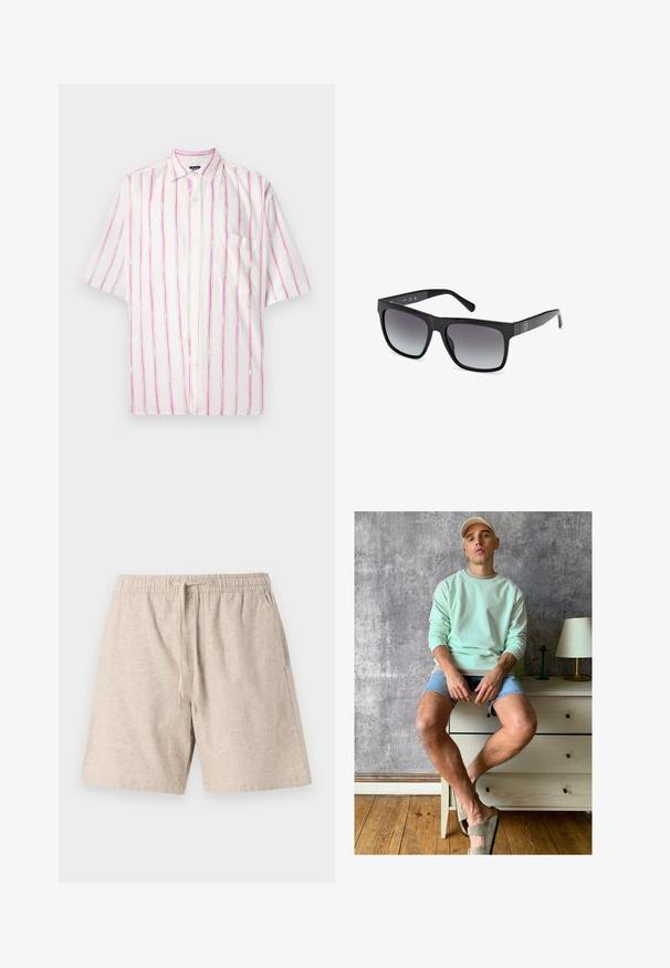 Lyhythihainen napitettava paita valkoisesta kankaasta, jossa on vaaleanpunaisia ja vihreitä pystyraitoja. Vasemmalla puolella on tasku.; Beige pellavashortsit, joissa on joustavyö, naru, sivutaskut ja tekstuuripinta. Rentomuotoinen, polvipituinen leikkaus.; Minttivihreä huppari, farkkushortsit ja oliivinvihreät liukuvaatteet. Istuu vaaleanvärisen lipaston päällä, joka on tekstuuritetun harmaan seinän nojalla.; Guess Aurinkolasit - glossy black smoke gray