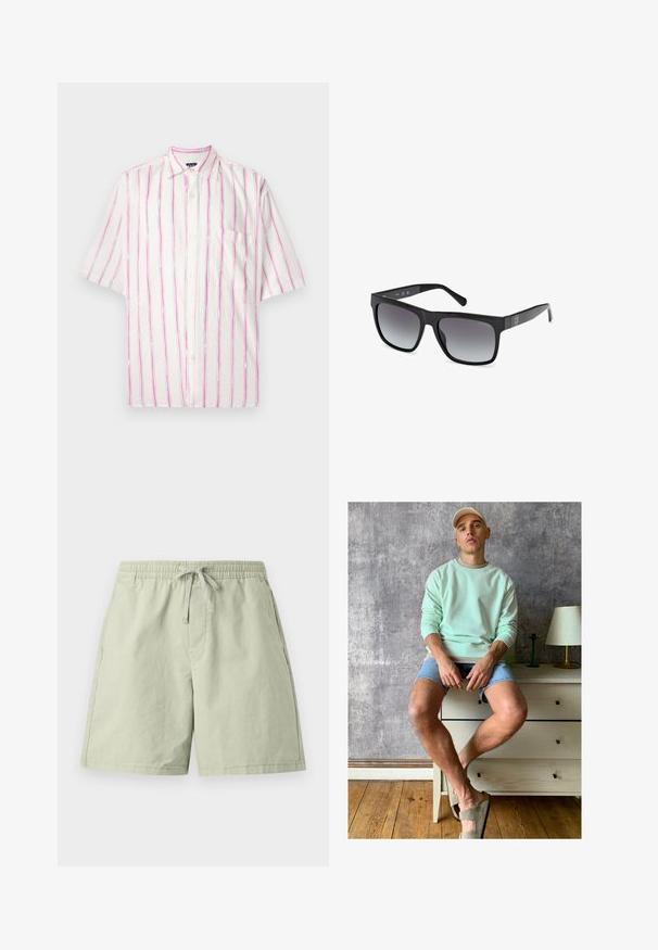 Camicia a maniche corte con bottoni in tessuto bianco con strisce verticali rosa e verdi. Presenta una tasca sul lato sinistro.; Shorts di cotone verde chiaro con vita elastica e cordino, dotati di tasche laterali e vestibilità rilassata. Texture liscia, design a lunghezza ginocchio.; Felpa verde menta, shorts in denim e scarpe slip-on verde oliva. Seduto su un comò chiaro contro un muro grigio texturizzato.; Guess Occhiali da sole - glossy black smoke gray