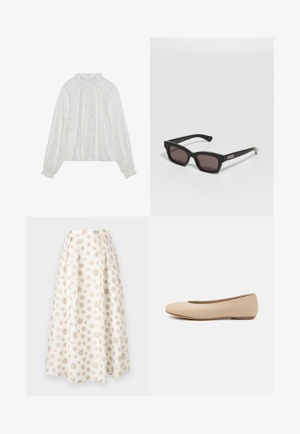 Fehér, hosszú ujjú blúz, mely texturált virágmintával, redőzött nyakkivágással és elasztikus mandzsettákkal rendelkezik. Puha, könnyű anyag.; Virágmintás midi szoknya krém és bézs színben, pliszírozott és texturált anyagból. A dizájn kis virágok szórtan elhelyezve.; Beige bőr balettcipő lekerekített orral, minimális varrás részletekkel, alacsony sarkú és diszkrét logóval a hátsó részen. Simább, matt textúrájú.; Fekete, téglalap alakú napszemüveg sötét lencsékkel, arany "GUCCI" logóval a szárán. Simított műanyagból készült, letisztult, modern dizájnnal.