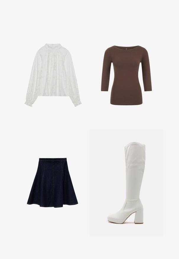 Valkoinen pitkähihainen paita, jossa on teksturoitu kukkakuosi, rypytetty kaula-aukko ja elastiset hihansuut. Pehmeä, kevyt kangas.; Ruskea pitkähihaine paita pyöreällä kaula-aukkolla, valmistettu pehmeästä materiaalista. Ominaisuuksiin kuuluu tiukka muotoilu ja sileä pinta.; Tummansininen A-linjainen farkkuhame, jossa on kontrastiväriset keltaiset ompeleet. Hameessa on istuva vyötärö ja liehuva helma, sileä pinta ja ei koristeita.; RAID CANNON - Platform-saappaat - white