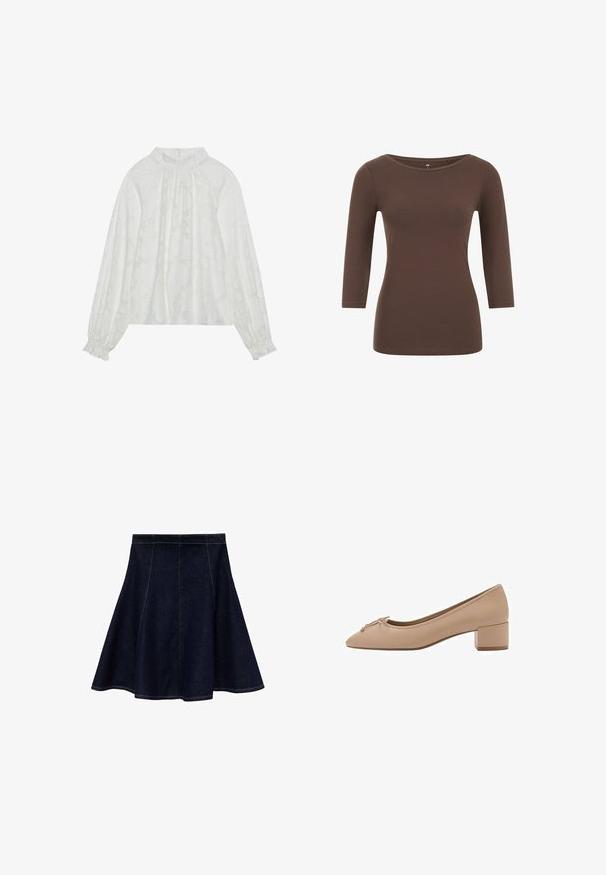 White long-sleeve blouse, featuring a textured floral pattern, gathered neckline, and elastic cuffs. Soft, lightweight fabric.; Brown long-sleeve top with a rounded neckline, made from soft material. Features a fitted design and a smooth texture.; Denim A-line skirt in dark blue with contrasting yellow stitching. Features a fitted waist with flared hem, smooth texture, and no embellishments.; Beige leather pump with a pointed toe, small bow detail on the front, and a square low heel. Smooth texture with minimal stitching.