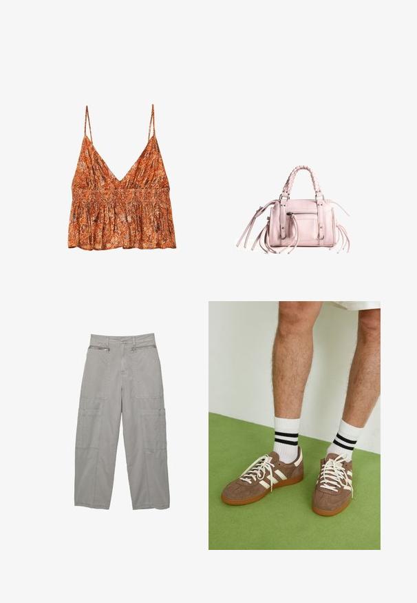 Bluzica s nabranim izrezom u narančasto-krem cvjetnom uzorku, s tankim trakama i opuštenim krojem. Lagana, mekana tkanina.; Cargo hlače iz svetlo sive tkanine, ki imajo več velikih žepov, žepne zadrge in sproščen širok kroj.; Rjavi semiš športni čevlji z belimi detajli in vezalkami. Gumijast podplat. Nošeni z belimi nogavicami z črnimi črtami. Zelena teksturirana talna obloga.; Roza torbica z opletenim vrhom, srebrnim okovjem, sprednjim žepom na zadrgo in dolgimi resicami na straneh; teksturirana umetna usnjena material.; Stradivarius SET - Zapestnica - dark brown