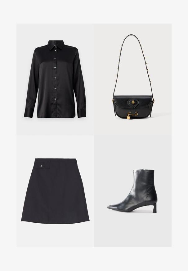 Fekete selyem hosszú ujjú ing galléros nyakkal, elöl gombos zárással és egyrészes gombos mandzsettával. Simaság jellemzi, enyhén laza szabással.; Fekete pamut szoknya egyenes sziluettel, gombos zsebbel, oldalsó cipzárral és sima szövet textúrával.; Fekete bőr bokacsizma hegyes orral és letisztult dizájnnal. Alacsony sarka és hátsó cipzáras záródása van. Simának tűnő textúra.; Fekete bőr kézitáska strukturált dizájnnal, arany logóval, lakat díszítéssel és láncokkal ékesített vállpánttal.