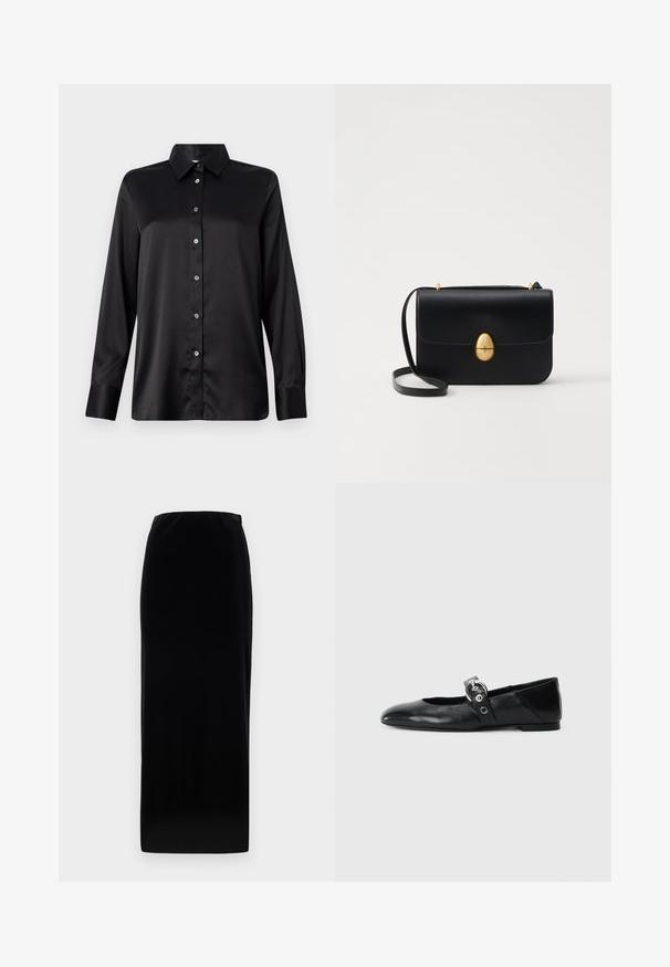 Sort satin langærmet skjorte med krave, frontlukning med knapper og enkeltknap til manchetterne. Glat tekstur med en let afslappet pasform.; Sort fløjl maxi-skirt med en lige silhuet, elastisk talje, glat tekstur og uden synlige mønstre eller hardwaredetaljer.; Sorte læder balletflade med spids tå, udstyret med en rem med en cirkulær metallisk spænde og en flad sål.; Sort læderhandbag med en struktureret rektangulær form. Har et gyldent ovalt lås og en tynd skulderrem. Glat tekstur.