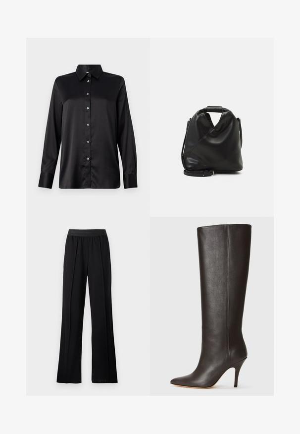 Chemise noire en satin à manches longues avec un col, fermeture à boutons à l'avant et poignets à un bouton. Texture lisse avec une coupe légèrement décontractée.; Pantalons larges noirs en tissu lisse avec une taille élastique. Présente des plis pour plus de volume et de fluidité, sans motifs ni accents visibles.; Botte en cuir noire, montée jusqu'au genou, avec un bout pointu, un design épuré et un fin talon haut. Texture lisse et minimalisme des détails.; Sac en cuir noir et doux avec un design torsadé unique. Doté d'une courte poignée et d'une bandoulière amovible. Style minimaliste.