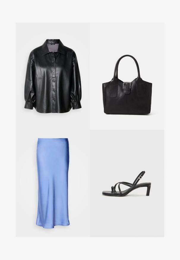 Zwart leren shirtjack met een kraag, knoopsluiting en ballonsleeves. Gladde textuur en op maat gemaakte pasvorm.; Satijnen blauwe midi-rok met een gladde, glanzende afwerking. Uitlopende silhouet, de zoom loopt zachtjes gebogen, waardoor het vloeiende ontwerp wordt benadrukt.; Zwarte sandaal met bandjes, vierkante teen en een lage blokhak. Voorzien van meerdere dunne bandjes en een verstelbare enkelband. Gemaakt van zacht leer.; Zwarte leren tote bag met een gladde textuur, gestructureerde vorm, twee handvatten en een opvallend zilveren sluitingdetail aan de voorkant.