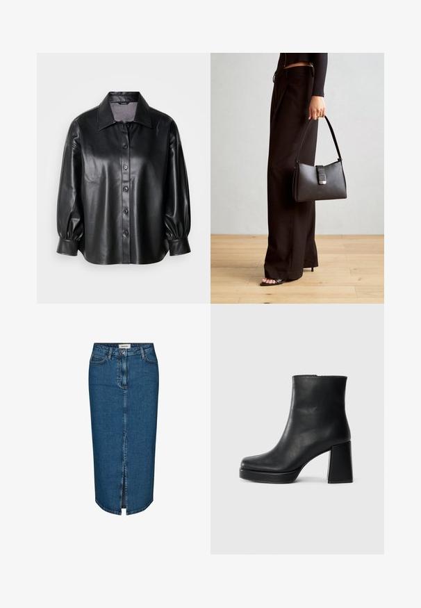 Mustan nahast särk-jakk, millel on kraega kaelus, nööpidega kinnitamine ja puhvis varrukad. Sile tekstuur ja kohandatud lõige.; Tumedast denimist seelik, millel on ees lõhik, viis taskut ja kontrastne õmblus. Keskmise kõrgusega talje klassikalise disainiga.; Must musta ankle boot, milleplokk-konts ja platvormi tallaga, vaadatud küljelt ühetoonilise valge tausta peal.; Must musta kott, millel on struktureeritud kuju, sile tekstuur ja metallist klamber. Kombineeritud laiate mustade pükstega ja avatud varvaste sandaalidega puidust põrandal.