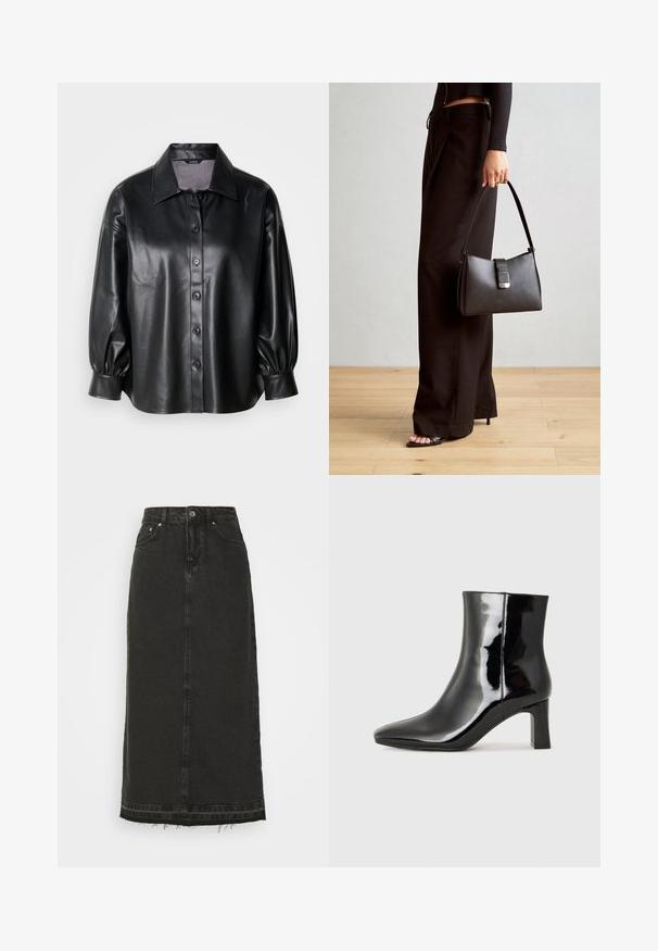 Melnas ādas krekla jakas ar apkakles kakla izgriezumu, pogu aizdari un burbuļveida piedurknēm. Gluda tekstūra un pielāgota piegriezuma.; Melnas denima midi svārki ar pieguļošu jostasvietu, priekšējo pogu aizdari un saplēstu apakšmalu. Iekļauj klasisko piecu kabatu dizainu un vieglu tekstūru.; Melnas patentētas ādas potīšu zābaki ar norādītu pirkstu un vidēja augstuma kvadrātveida papēdi. Gluda tekstūra un minimālisma dizains.; Melnā somiņa ar strukturētu formu, gludu tekstūru un metālu sprādzi. Saskaņota ar platām melnām biksēm un sandālēm ar atvērtu purngalu uz koka grīdas.