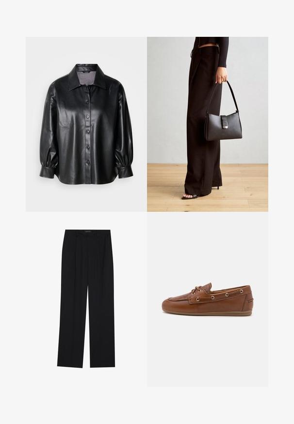 Melnas ādas krekla jakas ar apkakles kakla izgriezumu, pogu aizdari un burbuļveida piedurknēm. Gluda tekstūra un pielāgota piegriezuma.; Melni bikses ar taisnu kāju dizainu, kurām ir divi priekšējie kabatas un jostasvieta. Izgatavotas no gludas, vieglas auduma.; Brūni ādas laivu apavi ar šņorējamu detaļu, metāla acīm, strukturētu apdari un elastīgu tan krāsas gumijas zoli. Apaļa pirksta forma.; Melnā somiņa ar strukturētu formu, gludu tekstūru un metālu sprādzi. Saskaņota ar platām melnām biksēm un sandālēm ar atvērtu purngalu uz koka grīdas.