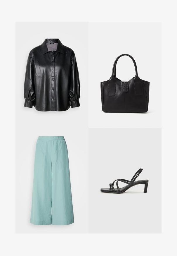 Black leather shirt jacket with a collared neckline, button closure, and balloon sleeves. Smooth texture and tailored fit.; Aqua-colored wide-leg pants made from lightweight fabric, featuring an elastic waistband and clean, minimal stitching detail.; Black strappy sandal with a square toe and a low block heel. Features multiple thin straps and an adjustable ankle strap. Made of smooth leather.; Black leather tote bag with smooth texture, structured shape, two handles, and a prominent silver buckle detail on the front.