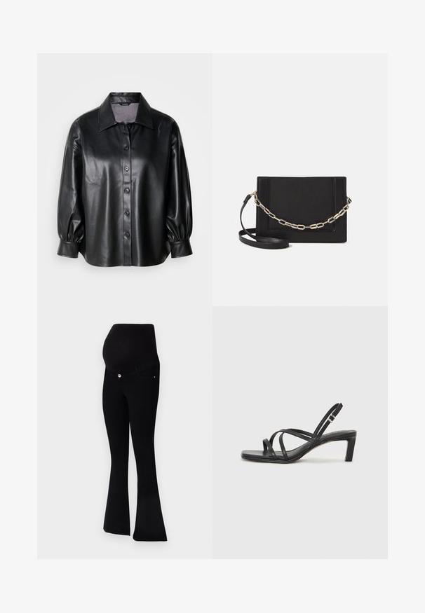 Zwart leren shirtjack met een kraag, knoopsluiting en ballonsleeves. Gladde textuur en op maat gemaakte pasvorm.; Zwarte zwangerschapsjeans met een flare-pasvorm, zachte stof, een hoge tailleband voor ondersteuning en een knoopsluiting aan de voorkant.; Zwarte sandaal met bandjes, vierkante teen en een lage blokhak. Voorzien van meerdere dunne bandjes en een verstelbare enkelband. Gemaakt van zacht leer.; Zwarte leren schoudertas met een gladde textuur, rechthoekige vorm en een metallic kettingdetail aan de voorkant. Verstelbare schouderband inbegrepen.